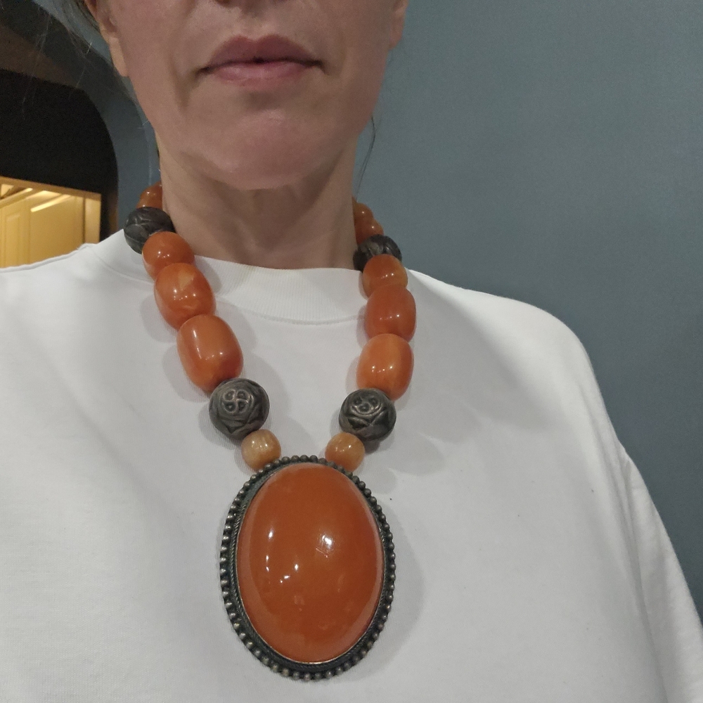 Vintage Plastic Orange and Brass Necklace